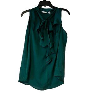 New York & Company Green Tie Neck Sleeveless Blouse with Ruffle - Medium